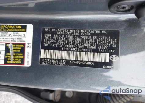 2009 Toyota Camry Le z USA, uszkodzony, nr VIN 4T1BE46K79U793325